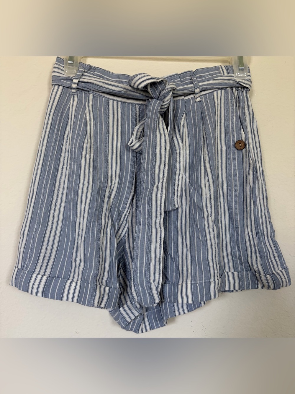 Angie Women’s Blue and White High-Waist Tie Shorts